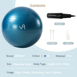 RYTMAT Gymnastics Ball Anti-Burst 55 cm Pilates Ball Extra Thick Non-Slip Pezziball for Yoga Pilates Balance Core Training with Inhalation Tube