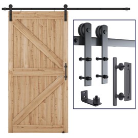 SMARTSTANDARD 8.2 FT Heavy Duty Sturdy Sliding Barn Door Hardware Kit, Black, (Whole Set Includes 1x Pull Handle Set & 1x Floor Guide) Fit 42"-48" Wide Door Panel (I Shape Hanger)