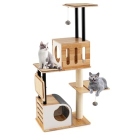 Tangkula Modern Cat Tree, Tall Multi-Level Cat Tower with Double Condos, Jumping Platforms, Dangling Balls, Sisal Carpets & Scratching Posts, Wood Cat Tree Tower for Indoor Cats