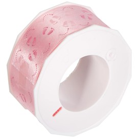 Präsent - Baby Feet Printed Satin Ribbon Pink 40 mm width, 20 m length