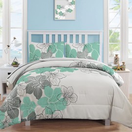 Luxudecor Floral Comforter Set King Size Green Floral Pattern Bedding Comforter Soft Microfiber 7 Pieces Bed in a Bag (1 Comforter, 2 Pillow Shams, 1 Flat Sheet, 1 Fitted Sheet, 2 Pillowcases)