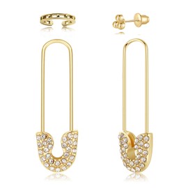Gold Safety Pin Dangle Earrings Set, 4 Pieces with Ear Hoops and Studs