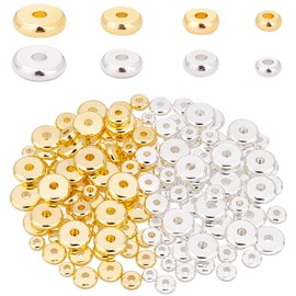 PandaHall 160 Pieces 14K Gold Heishi Spacer Beads, 4~8 mm Brass Flat Round Disc Loose Beads Metal Spacers for DIY Bracelet Necklace Earring Craft Supplies, Gold/Silver