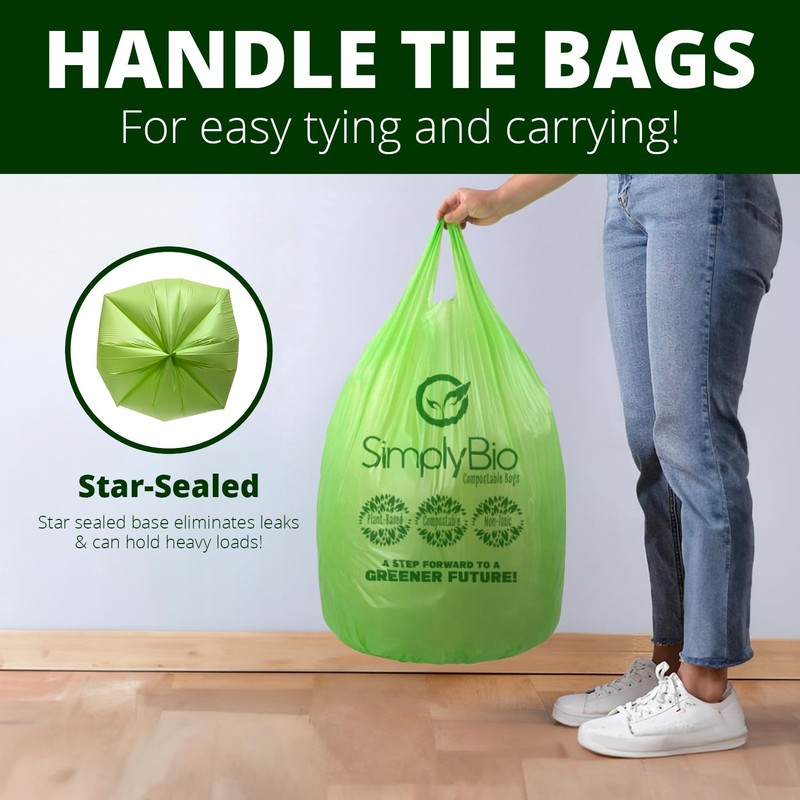 Simply Bio 13 Gallon Compostable Trash Bags Liners with Handle-Tie,