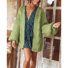 Cicy Bell Women's Open Front Chunky Knit Cardigan Loose Lantern Sleeve Oversized Sweater Coats (Green, Medium)