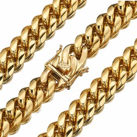 JovJewelry Mens Cuban Link Chain Necklace Bracelet Heavy Duty 18K Gold Plated Stainless Steel Metal Chain Necklace Width 6/8/10/12/15/18mm with Design Buckle Fashion Jewelry (8.5inches Bracelet, Gold 6mm wide)