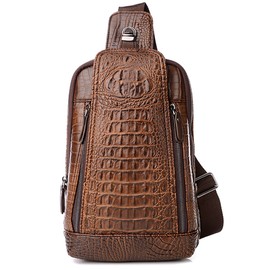 FiveloveTwo Mens Sling Bags Crocodile PU Shoulder Crossbody Chest Bag Satchels Hiking Daypack Dark Brown