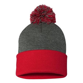 Sportsman Pom-Pom 12" Knit Beanie One Size Dark Heather Grey/ Red