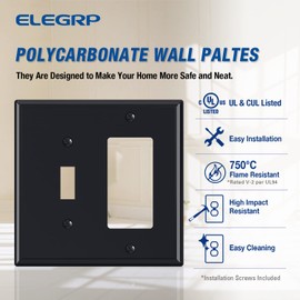 Combination Wall Plate ELEGRP 2-Gang 1-Toggle Light Switch 1-Decorator/GFCI Device Combination Wall Plates, Mid-Size 4.88" x 4.94" Unbreakable Thermoplastic Faceplate Cover, UL (1 Pack, Glossy Black)