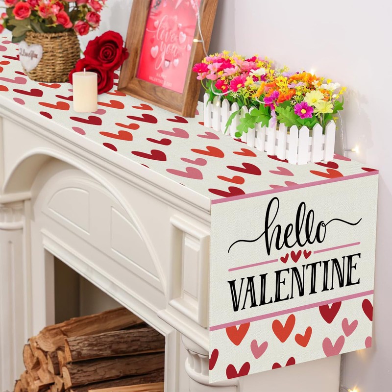 GPGHE Valentines Day Table Runner Love Heart Hello Valentine Decorations