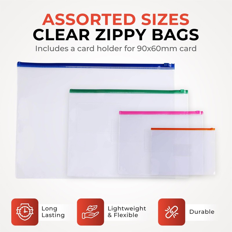 Pack of 12 A4+ Foolscap Clear Zippy Bags with Blue
