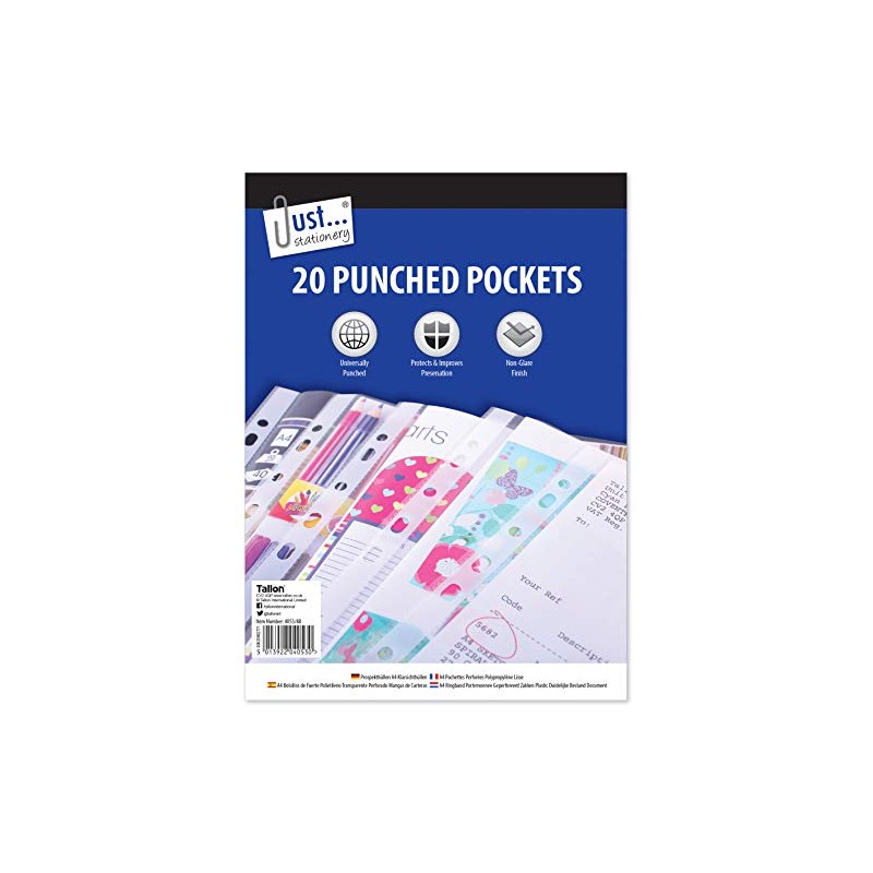 Just Stationery 20 Clear Plastic Punched Pocket