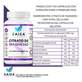 Citratos Magnesio, Potasio, Zinc 120 Cápsulas C/u Saisa Herb Sabor Sin sabor