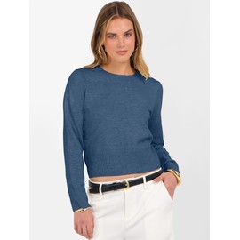 ANRABESS Women’s Long Sleeve Sweaters Cropped Crew Neck Business Casual Light Weight Sweater Tops Fall Fashion Clothes 2025 Deep Blue M