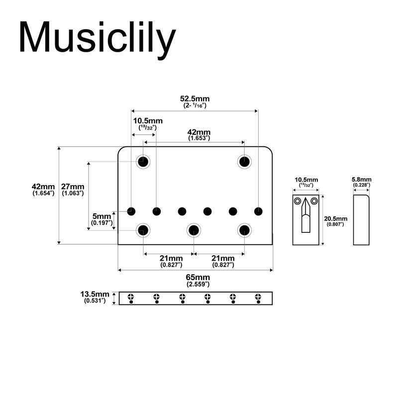 Musiclily 65mm Metal Fixed Hardtail Saddle Top Load Guitar Bridge