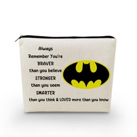 YULUENZE Bat Movie Makeup Bag Bat Classic Logo Gift White Organizer Bag You Are Stronger Smarter Than You Think Bat Toiletry Zipper Pouch Bat Cosmetic Bag Gift for Movie Fans Women