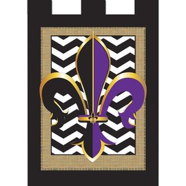 Magnolia Garden Fleur de Lis on Black Chevron Burlap 42 x 29 Rectangular Double Applique Tab Top Large House Flag