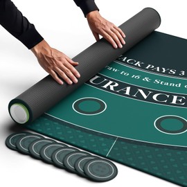Newverest Blackjack Mat 70" x 35", Blackjack Table Top for Home Game Nights with Friends | Black Jack Casino Table Topper, Poker Mat Layout in Zipper Storage Bag with 8 Coasters in Gift Box (Green)