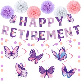 14pcs Purple Retirement Party Decorations for Women Butterfly Purple Happy Retirement Banner Hanging Swirls Pompoms Circle Dots Garland Retired Decorations Supplies for Farewell Going Away Party
