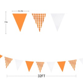 32Ft Orange Party Decoration Buffalo Plaid Orange White Checkered Fabric Triangle Pennant Banner Flag Gingham Bunting Garland for Fall Autumn Thanksgiving Harvest Wedding Birthday Picnic Garden Decor