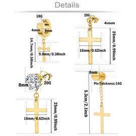 Ofeiyaa 4 Pairs Stainless Steel Dangle Hinged Hoop Earrings Huggie Earrings Piercing CZ Stud for Men Women Gold Tone