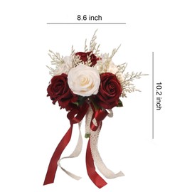 LEIFENY Wedding Bouquets for Bride, Champagne White & Burgundy Rose Bridal Bouquets for Bride, Artificial Flower Bouquet for Wedding, Bridesmaid Bouquets with Silk Ribbon, Home Decor