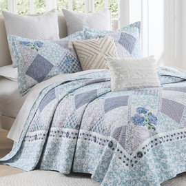 PANGUSHAN 100% Cotton Quilt Set King Size, King Quilt Bedding Set Bedspreads, Reversible Floral Farmhouse Lightweight Comforter Quilt for King Bed, Blue/Violet Bed Spread for All Season