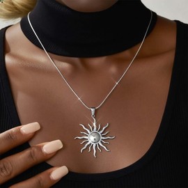Allereyae Boho Celestial Sun Pendent Necklace Silver Sunshine Choker Necklaces Large Sunburst Necklaces Minimalist Sun Necklace Snake Chain Sunshine Statement Jewelry for Women