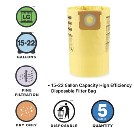 Shop-Vac 9067366, High Efficiency Disposable Collection Vacuum Filter Bags, Fits 15-22 Gallon Tanks, Yellow, 5 Pack