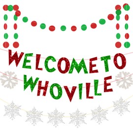 Welcome to Whoville Banner Silver Snowflake Hanging Garland Set Merry Christmas Banner Christmas Decoration Party Holiday Celebration Indoor and Outdoor Christmas Decoration Photo Backgrounds