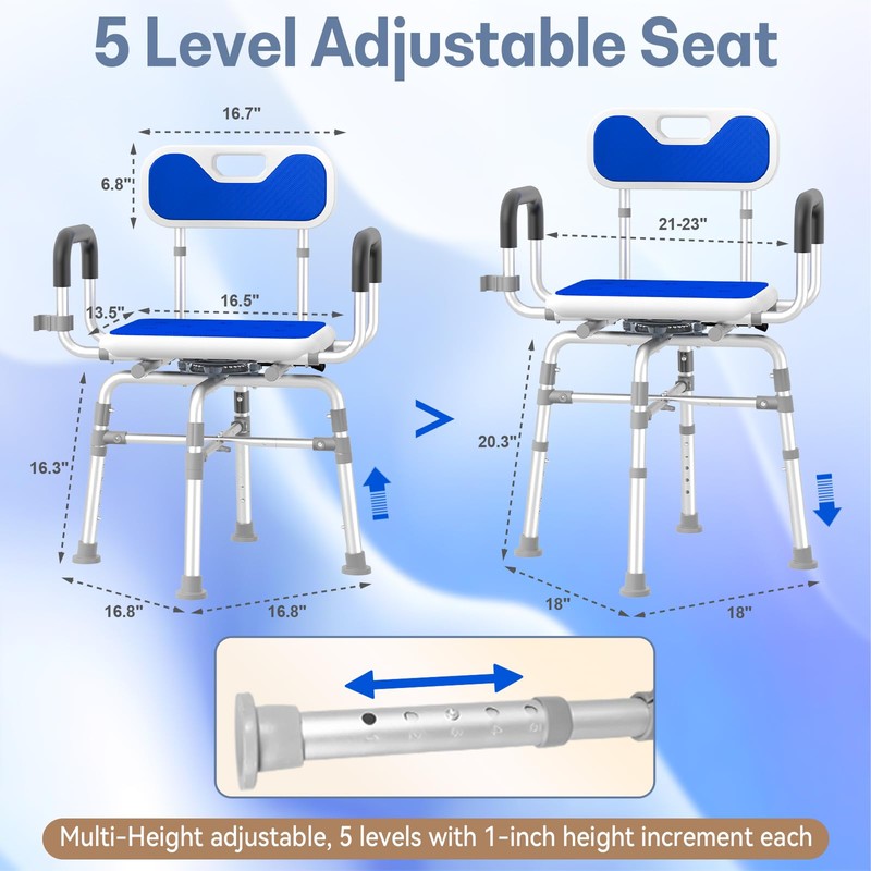360° Swivel Shower Chair, 550 lbs Capacity, Removable Back and