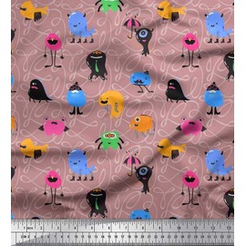 Soimoi Pink Velvet Fabric Swirls & Monster Cartoon Print Fabric by The Yard 58 Inch Wide