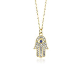 AMINKINA 14K Gold Moissanite Hand of Fatima Necklace, Sapphire Evil Eye Pendant Necklace, Birthday, Mother's Day Gift for Mother, Wife, Girlfriend (Yellow Gold, 14K)