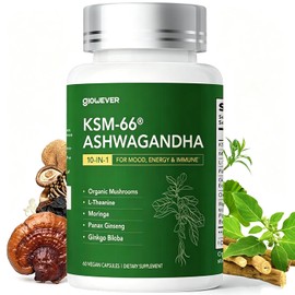 GlowEver KSM-66 Ashwagandha with L-Theanine, Mushrooms, Ginseng & Ginkgo Biloba - Extra Strength Stress Relief, Energy & Brain Health Support - Vegan, Gluten Free, Plant Based - 60 Capsules