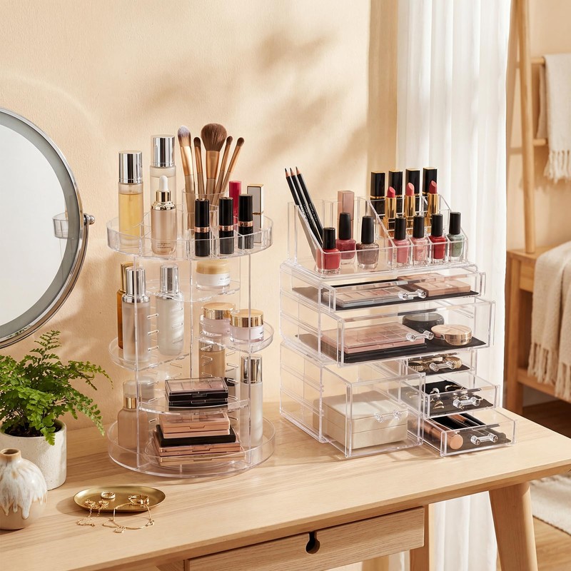 Canchiing Acrylic Makeup Organizer Set, 360 Rotating Makeup Organizer, Clear