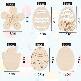 Plusupon 78 Pcs Wood Easter Tags, Unfinished Wooden Easter Ornaments, DIY Easter Unfinished Wood Cutouts Crafts Bunny Eggs Chick with Strings, Easter Decoration for Kids Easter Party