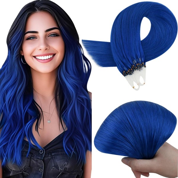 RUNATURE Microring Extensions Echthaar Blau 40cm Remy Glatt Bunt Haarverlangerung