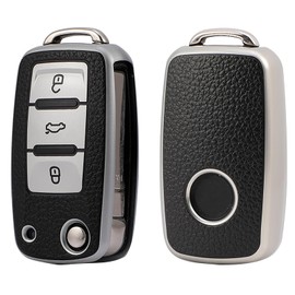 Misuyue Autoschlüssel Hülle für V-W Caddy J-etta Bora Beetle Golf 4 / 5 / 6 - Polo Passat 3BG / 3B Scirocco Touran T-ouareg T5 S-koda, 3 Tasten Autoschlüssel Schutzhülle aus Leder und TPU (Silbrig）