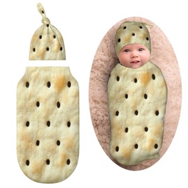 Qiohoey 3D Funny Realistic Food Saltine Cracker Newborn Baby Swaddle Blanket With Beanie Hat Receiving Blanket Soft Baby Sleep Sack Wraps Blankets Gifts For Boys Girls Infant