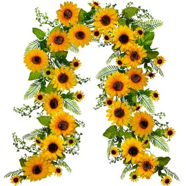Winlyn 6' Long Artificial Sunflower Garland Hanging Sunflower Vine Greenery Garland with 49 Pcs Sunflower Heads for Fall Autumn Holiday Wedding Arch Home Mantel Doorway Table Backdrop Decoration