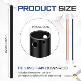 VIHOSE 36 Inch Ceiling Fan Downrod with Extension Cord 3 ft Black Downrod for Ceiling Fan 1 Inch Outside Diameter Not Threaded Ceiling Fan Boom Suitable for a Wide Range of Fans