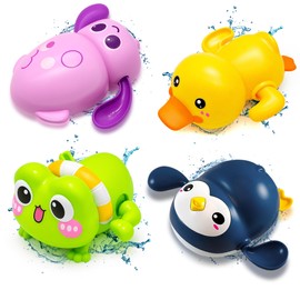 Chennyfun Baby Bath Toys, 4 Pcs Wind Up Bath Toys for Kids, Floating Bathtub Game Swimming Toy Set-Penguin Duck Frog Squid Clockwork Pool Toy, Baby Shower Time Gift for Girl Boy Toddler 1 2 3 Year Old