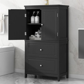 Polibi 43.3" H Storage Cabinet with 2 Doors, 2 Drawers, Adjustable Shelf, Wooden Linen Cabinet for Bathroom, Office, Kitchen, Black