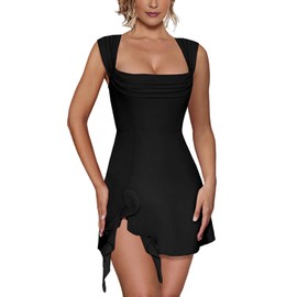 Aisbei Women's Sexy Black Mini Dress Square Neck Bodycon Dress Elegant Sleeveless Slit A Line Party Club Short Dress-Black S
