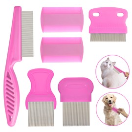 Flea Comb for Cats Dogs, 6 Pack Pet Lice Comb Set Pet Grooming Pets for Small, Medium & Large Pets（Pink）