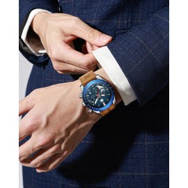 MEGALITH Chronograph Watches Men's Analogue Waterproof Watch Men's Quartz Watch with Calendar Leather Strap Men's Watch Large Retro Men's Watch Business Casual, silver/blue, Strap.