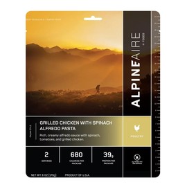 AlpineAire Grilled Chicken with Spinach Alfredo Pasta 6 Oz Freeze-Dried Meal, 680 Calories, 39g Protein, Gluten Free 2 Servings Made in USA Perfect for Camping, Hiking and Emergency Food Pack of 1