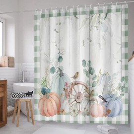 ZCHOMI Fall Pumpkin Shower Curtain Eucalyptus Leaves Green Plaid Farmhouse Autumn Harvest Thanksgiving Bathroom Curtain Waterproof Polyester Fabric Bath Curtain 72 x 72 Inch with 12 Plastic Hooks