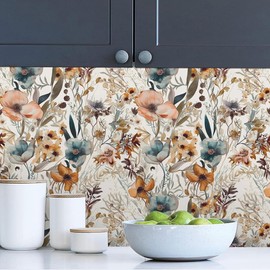 MuralPeel Boho Light Brown Flowers Teal Blue Floral Leaf Plants Vintage Watercolor Peel and Stick Wallpaper Self Adhesive Removable Easy Peel Off Stick on Wall Paper for Bedroom Cabinet Renter