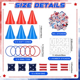 RoundFunny 12set 3 in 1 Independence Day Ring Toss Game Set, Carnival Game Kit with Cones, Rings, Bean Bags & Storage Bag, Includes for DIY Toss Games, Birthday Party, Carnival